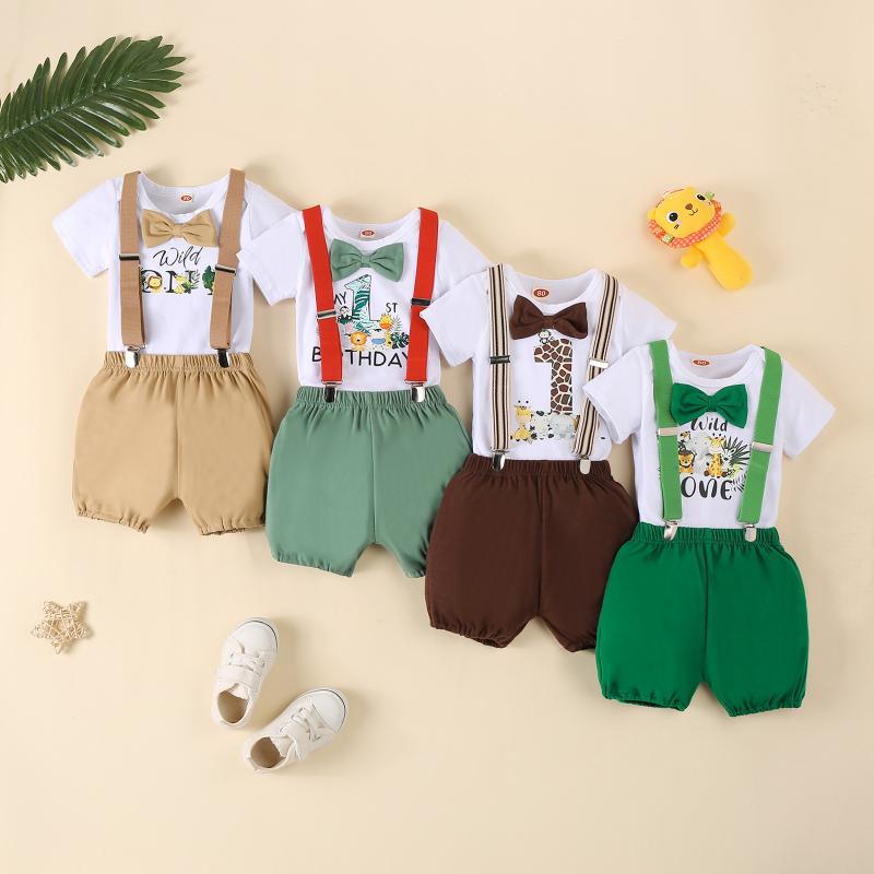 ベビー服 上下セット ショーパン 新生児 動物柄 サロペット 短パン セットアップ 緑 深緑 ダークブラウン コーヒー色 ウール 70 80 90 100 春夏