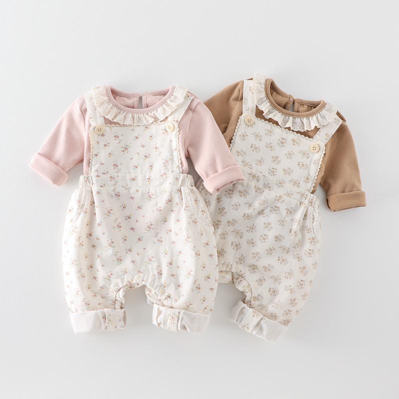 子供用パンツセット 2点セット 女児 秋物 ベビー服 背当てパンツ 春秋 A類 コットン 花柄 ピンク系
