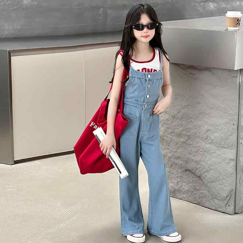 キッズ デニム サロペット ロングパンツ 女の子 子供服 夏物 大 детское ワイドレッグパンツ 後ろリボン 綿70%