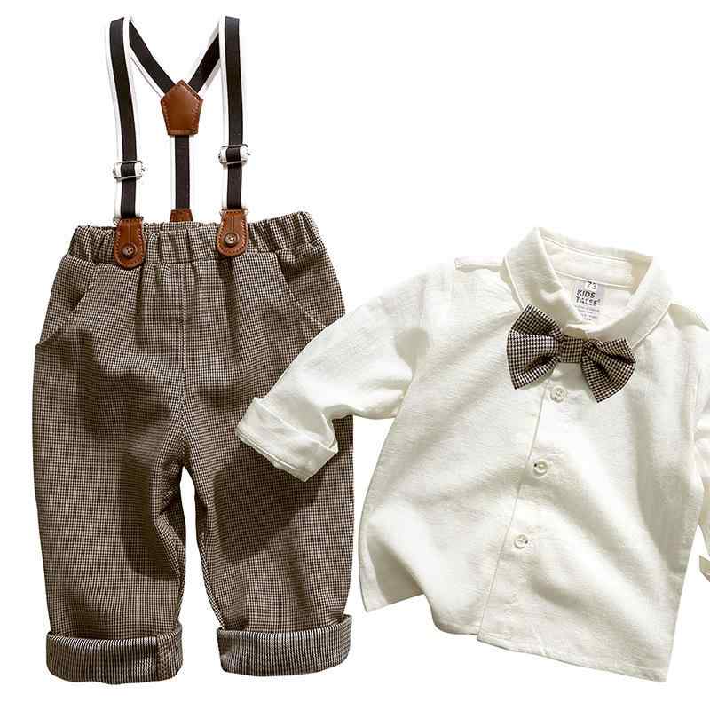 子供用スーツ 男の子 長袖シャツ サスペンダー付きパンツ 蝶ネクタイ付き 2点セット フォーマルウェア 結婚式 誕生日会 春秋 綿95% グレー ブラウン系 73CM 80cm 90cm 100cm 110cm 120cm
