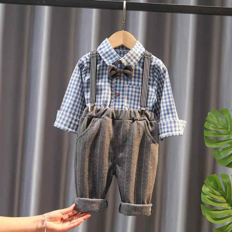 子供用セットアップ 長袖シャツとチェック柄サスペンダーパンツの2点セット 春秋 幼児 男の子向け コットン 80 90 100 110cm グリーン ブルー カーキ
