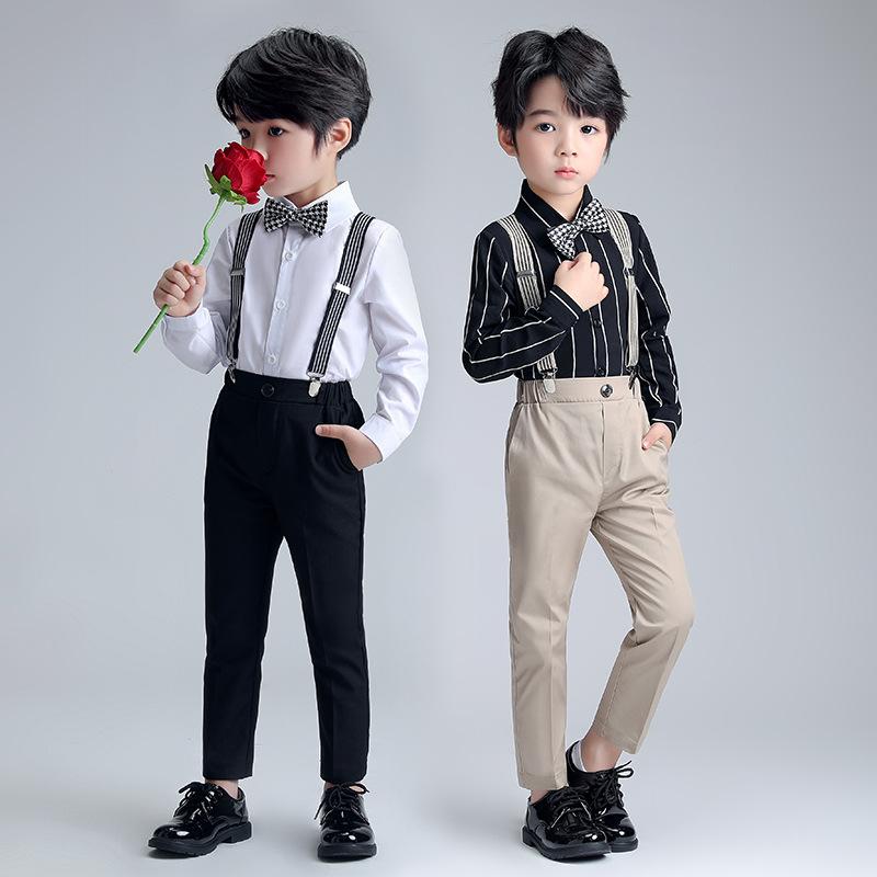 子供用フォーマルスーツ 春夏 パンツセット 男の子 発表会 演奏会 長袖シャツ 長ズボン サスペンダー 蝶ネクタイ付き ストライプ柄 コットン混紡 90cm 100cm 110cm 120cm 130cm 140cm