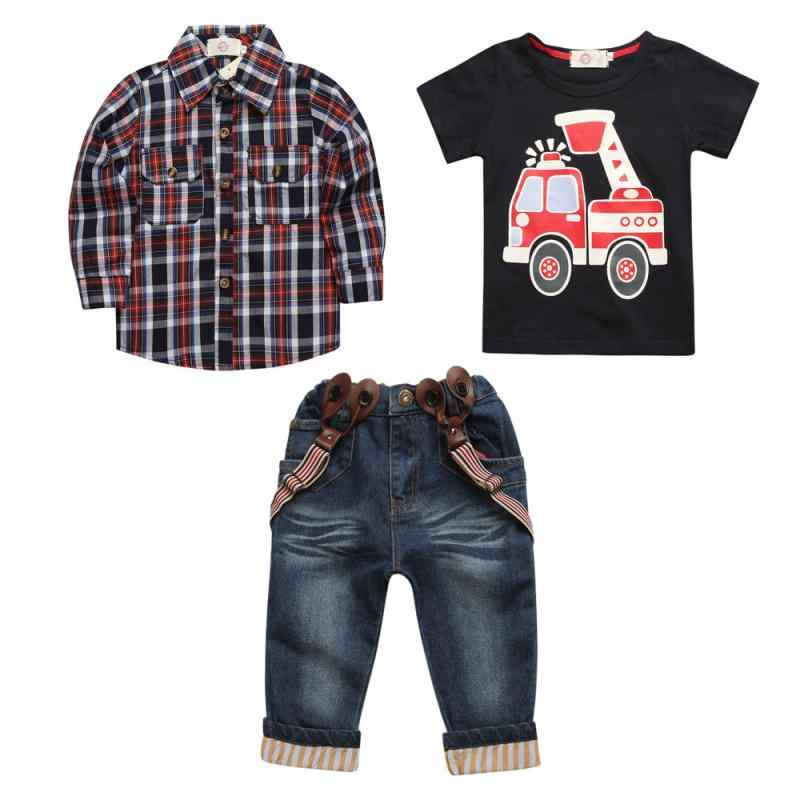 キッズ 子供服 フォーマル スーツ セットアップ 春秋 男の子 チェック柄 シャツ デニムパンツ 3点セット コットン 普段使い