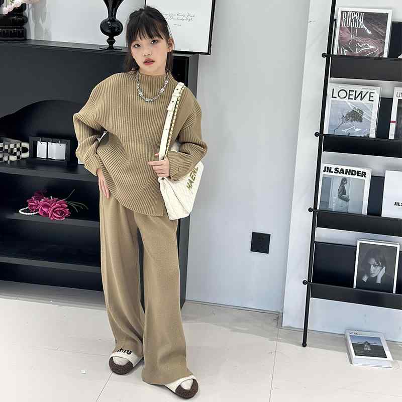 子供用セットアップ ニット トップス & パンツ 春秋 中大 キッズ 女の子 長袖 コットン ゆったり 柔らか かわいい おしゃれ 普段着 部屋着 グレー ブラウン系