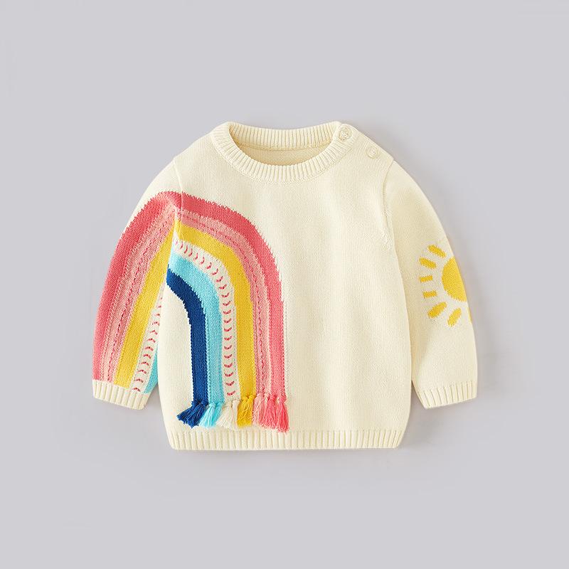 子供服 セーター カラフル ボーダー ニット A類 長袖 コットン トップス 男女兼用 春秋 ミルクホワイト ピンク系