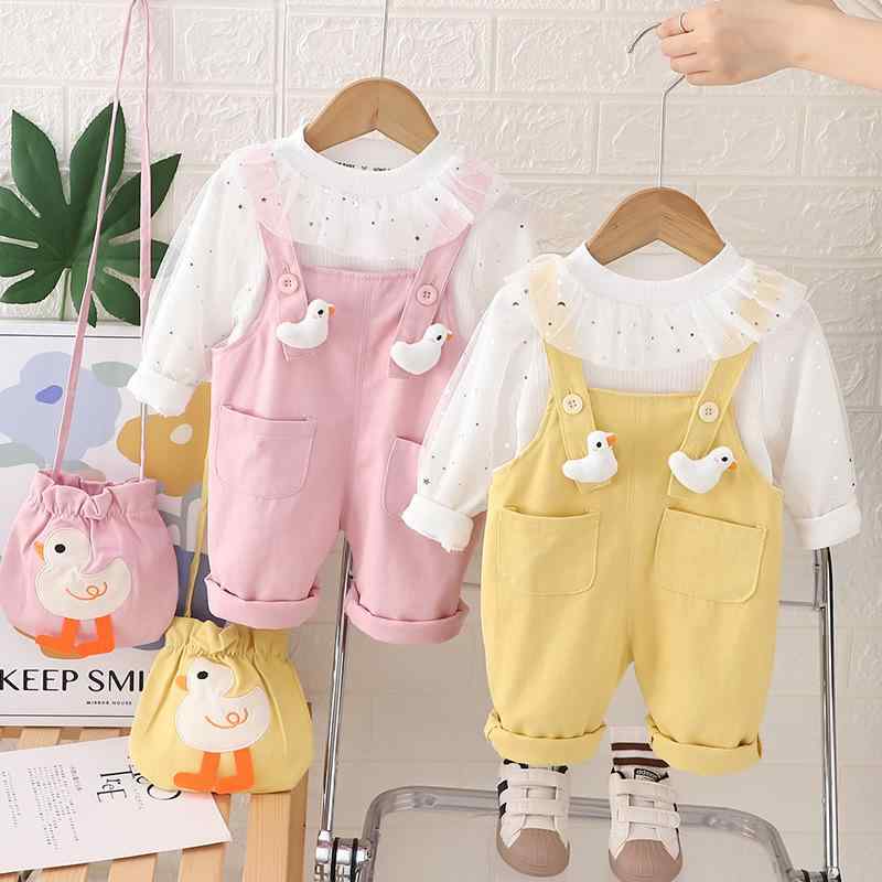 子供服 パンツセット 春秋 長袖 トップス ズボン 上下セット かわいい アヒル柄 ベビー服 女の子 幼児 普段着 ピンク系 イエロー系