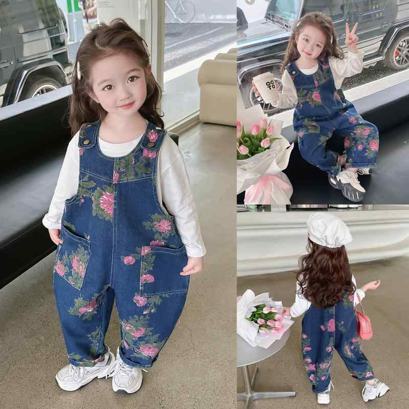 子供服 女の子 ローズ柄 サロペットパンツ デニム ロングパンツ 春秋 中小サイズ ウエストゴム コットン90% ブルー 花柄