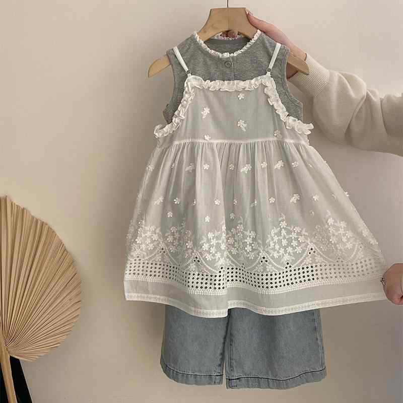 子供服 女の子 夏物 ワンピース セットアップ 花柄レース 刺・墸 デニムパンツ ノースリーブ 3点セット かわいい おしゃれ着
