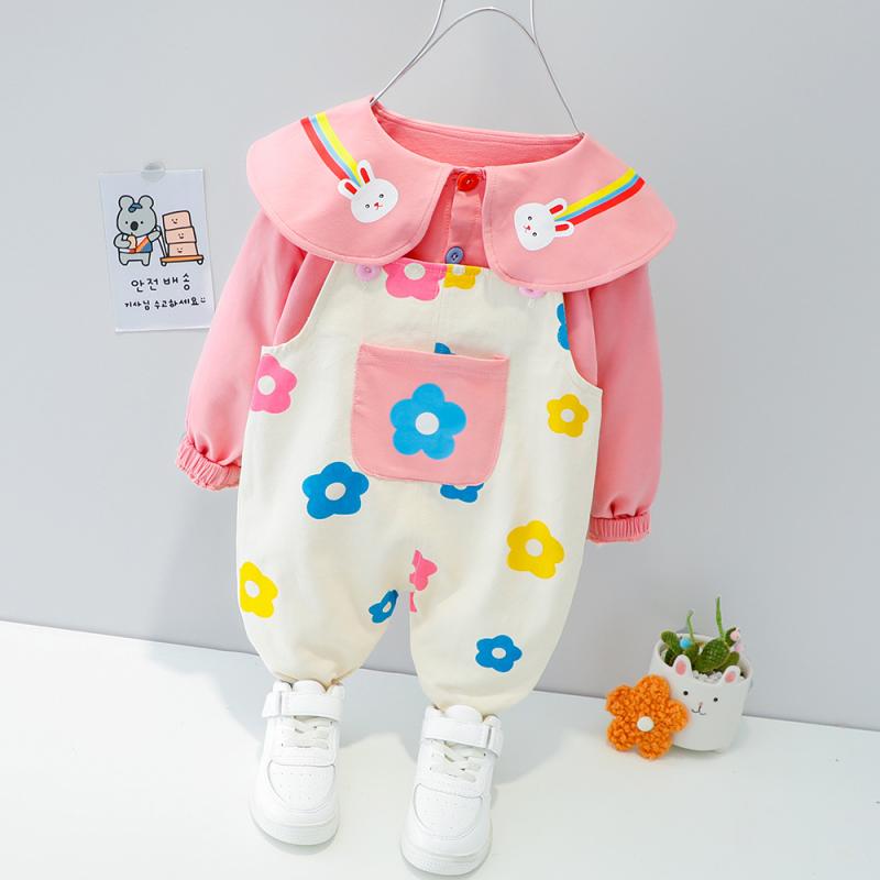 キッズ パンツ セットアップ 春秋物 長袖 Tシャツ ＋ 花柄 サロペット 薄手 2点セット かわいい おしゃれ 子供 女の子 幼児 イエロー ピンク系