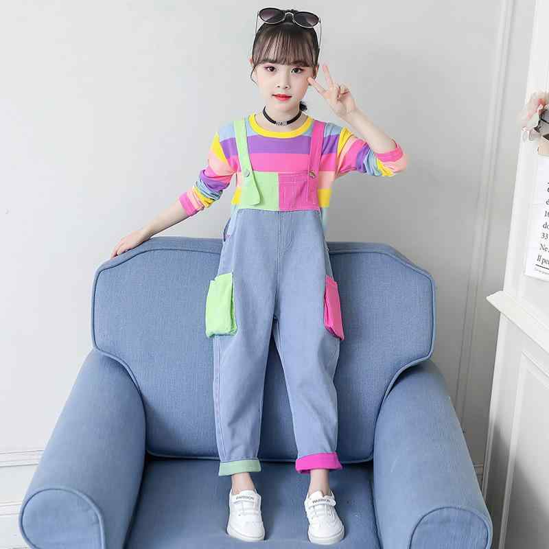 キッズ デニム サロペット パンツ セットアップ 春秋 長袖 トップス ガールズ 女の子 かわいい ゆったり 子供服 2点セット
