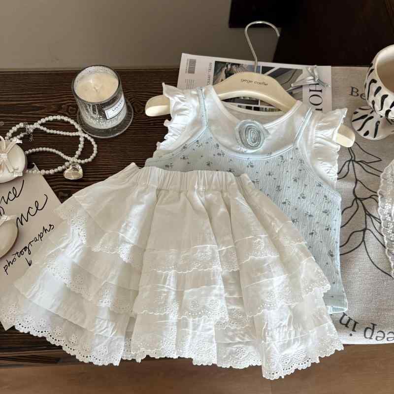 子供用セットアップ 女の子 夏物 フリル袖 ノースリーブ チュニック 小花柄 キャミソール レース 縁飾り キュロットスカート 2点セット 綿80%