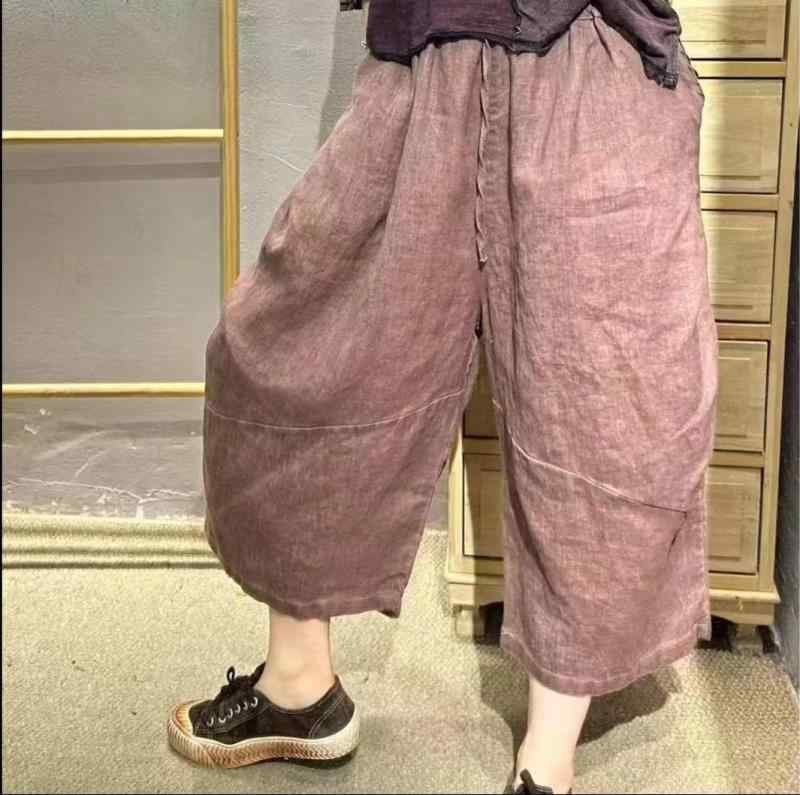 クロップドパンツ レディース ボトムス ゆったり 引っ切り無い 酉の方角天然ゴム ウォッシュ製作 薄っぺら リネン 麻 春夏 心地好い 読みものレトロ ヴィンテージ風 着回し 全能 ダーティオレンジ サクラ色赤いこと 黒いこと