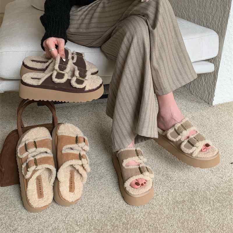 スリッパ レディース 秋冬 厚底 ファーサンダル もこもこ あったか かわいい 履きやすい 滑り止め ラウンドトゥ 外履き 普段使い 韓国風 カフェ色 茶色 ブラウン ベージュ