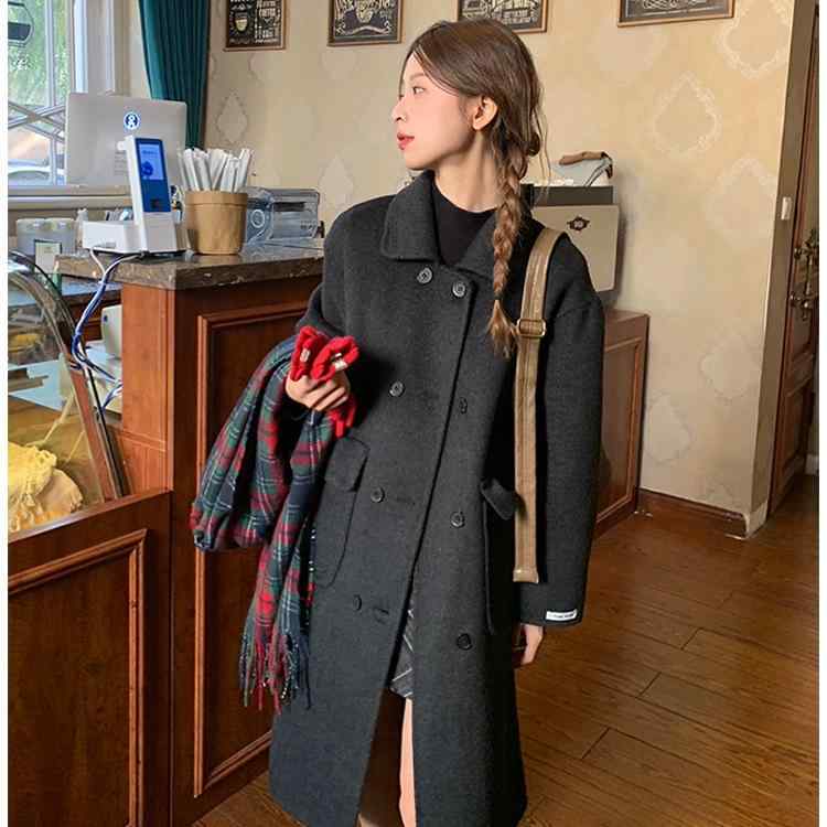 厚地の外套 レディース 韓国風 ロング丈 羊毛 ダブル人間の顔 ゆったり 朦々たる 落っこちる肩先 秋冬 市乳白いこと 濃灰色黒いこと