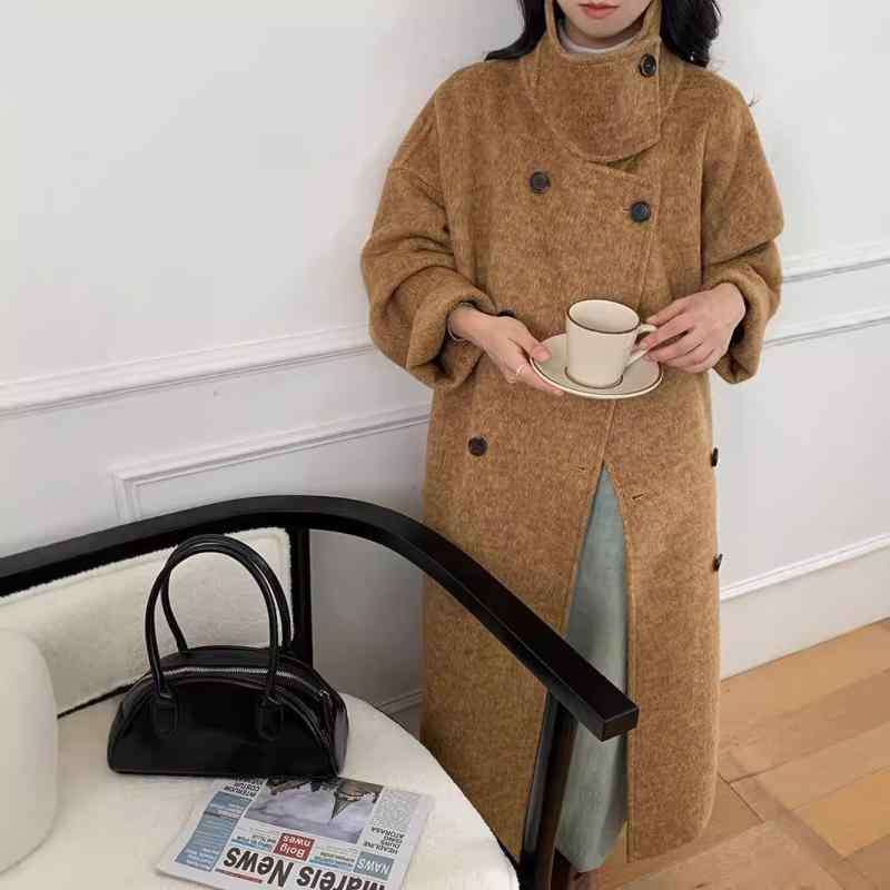 コート レディース 秋冬 ウール 立襟 ダブルブレスト ゆったり 厚手 ロング丈 麦穗黄 炭黒 米白 グリーン 通勤 エレガント|Tanzan