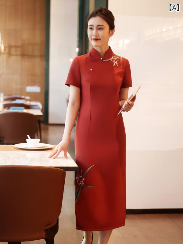 ホテル レストラン 受付 制服 レディース 半袖 チャイナドレス ジャケット セットアップ 高級感 ポリエステル 赤 オレンジ 白 Vネック|Tanzan