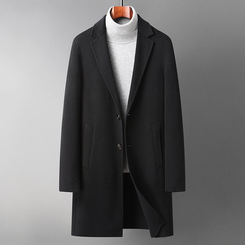 コート メンズ 男性用 ウール カシミヤ混紡 ダブルフェイス テーラード 秋冬 厚手 無地 ゆったり ビジネス カジュアル 黒