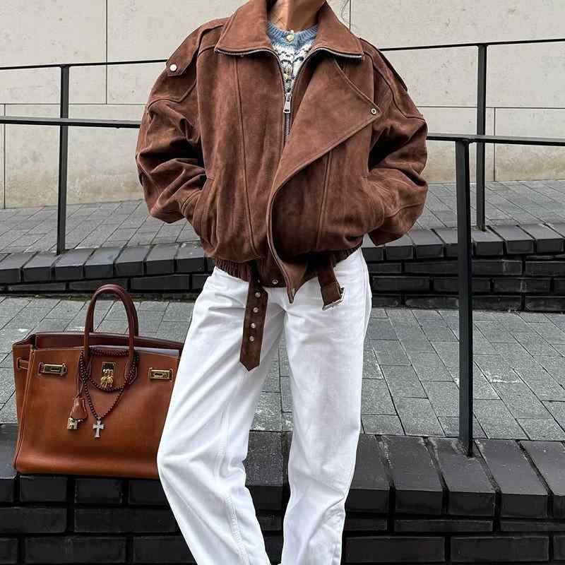 ジャケット レディース 婦人服 レトロ 古着風 アウター ファッション カジュアル ブラウン 茶色 ルーズ ゆったり 翻領 襟付き 長袖 普段使い 欧美風
