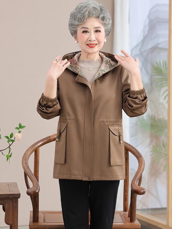 ジャケット レディース 大きいサイズ フード付き ブルゾン ジャンパー アウター ミセス シニア 婦人服 春秋 ポリエステル 紫 パープル ベージュ 伸縮性｜Tanzan