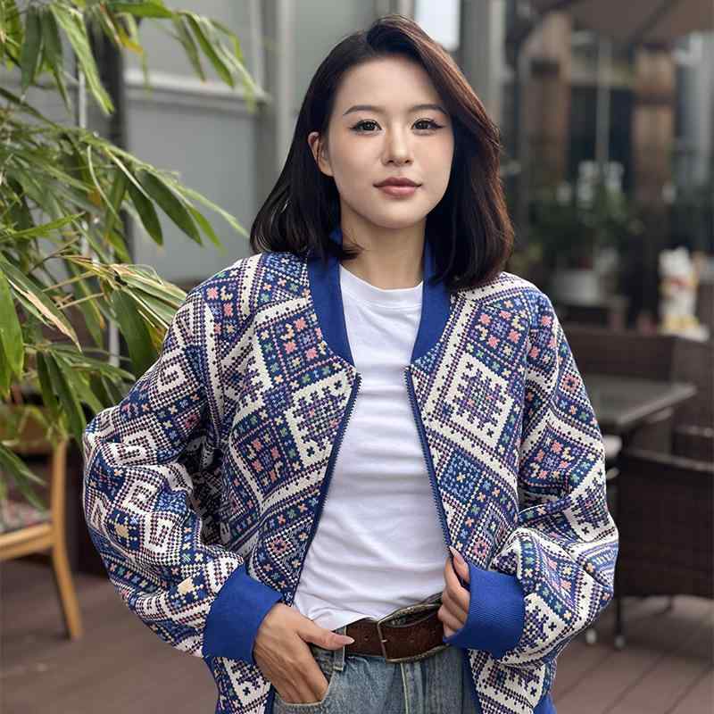 ジャケット レディース ストリート系 長袖 提花 クルーネック プルオーバー カットソー 宝藍色|Tanzan