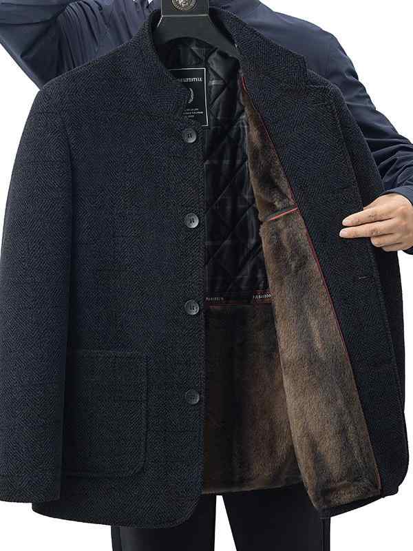 厚地の外套 メンズ 成人男性用 羊毛混紡 立襟 秋冬 加厚 生あたたかい 成人男性服 アウター 真っただ中丈 紺色 うす暗い赤銅色