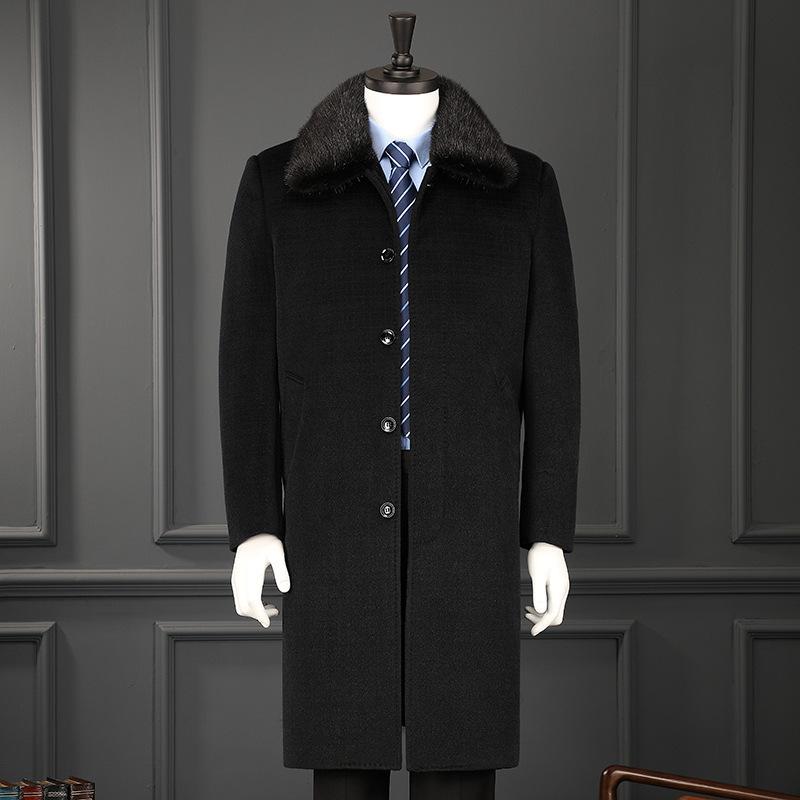 コート メンズ 男性用 ウール カシミヤ混紡 秋冬 ビジネス カジュアル 中高年 向け ラビットファー 襟 アウター 厚手 無地 黒 ブラック グレー ブラウン 165 170 175 180 185 190 195
