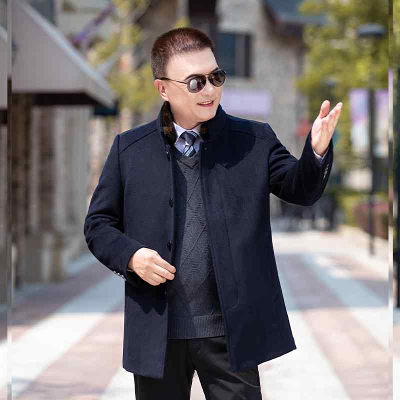 コート メンズ 中老年 男性用 ウール ミドル丈 アウター 父親 向け ビジネス カジュアル 紳士服 ゆったり 厚手 無地 冬 防寒 170? 175? 180? 185? 190? 195? グレー 紺