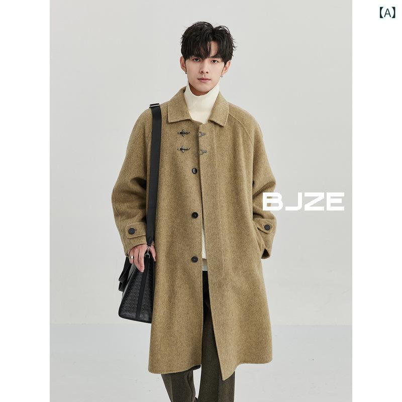 厚地の外套 メンズ 成人男性用 毛糸 真っただ中丈 ダブル人間の顔 テーラードカラー 無地 オリーブ緑であること 薄墨色 秋冬