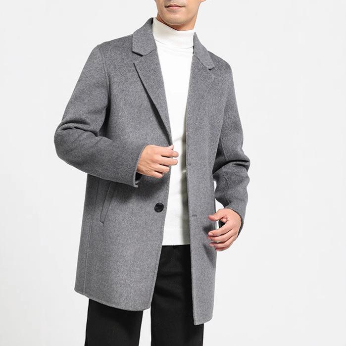 コート メンズ ウール 秋冬 男性用 ウールコート ミドル丈 無地 ビジネス 紳士服 アウター ポケット 飾りボタン 紺色 黒 グレー
