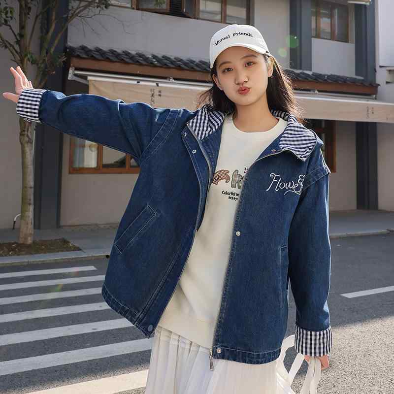 ジーンズ上衣 レディース 烏兎 長袖 濫りがわしい 心地好い ボンネット付き添い人 上衣 高校生 角帽 綿織物 翰林院風 アウター トップス 米国海軍 紺色 濃紺色