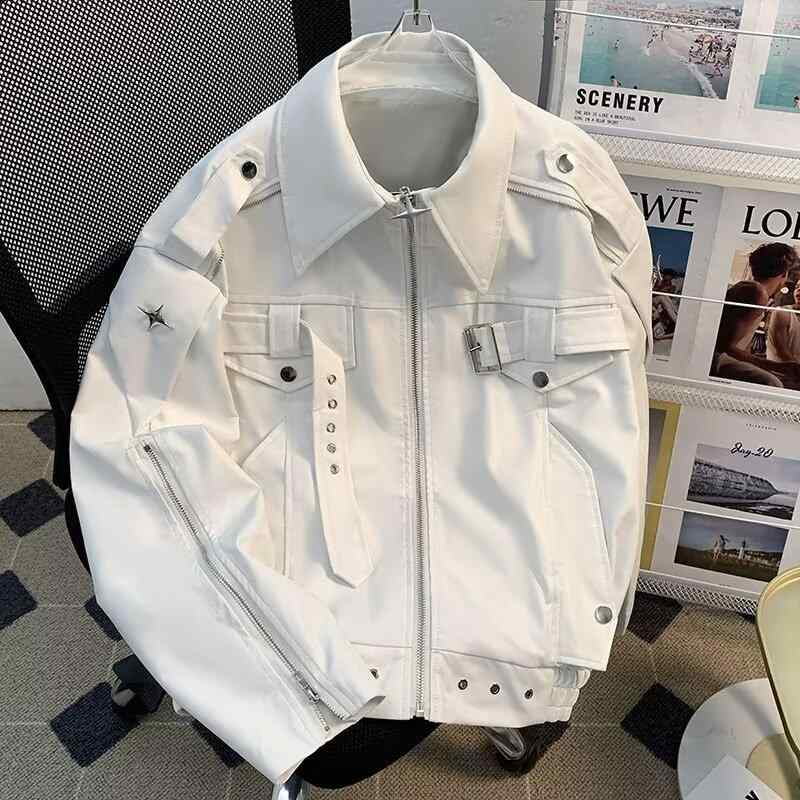 ジャケット 男性用 PUレザー ライダースジャケット ゆったり ショート丈 春秋 高見え モード系 ストリート カジュアル ブラック ホワイト