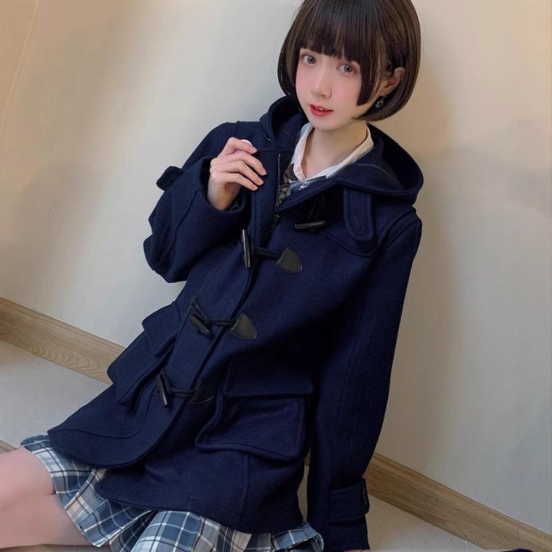 コート レディース JK制服風 ウール ダッフルコート Aライン フード付き 格子柄 長袖 紺色 ライトグレー 秋冬 かわいい|Tanzan