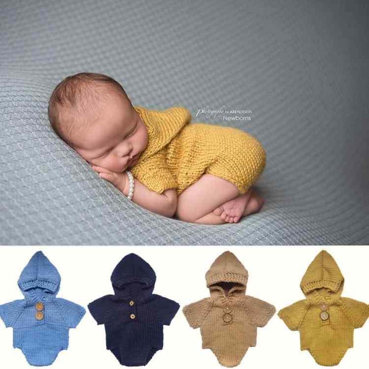 ベビー服 新生児 写真撮影用 着ぐるみ ニットロンパース コスチューム 0～2ヶ月 白 グレー 水色 黄色 深青 駱駝色 コーヒー 皮ピンク スイカレッド 深灰色