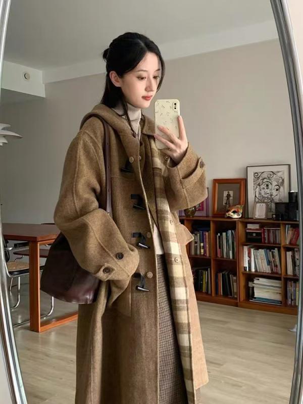 厚地の外套 レディース 羊毛 生あたたかい ロング丈 ダッフル 秋冬 リヴァーシブル ボンネット付き添い人 透かし彫り柄