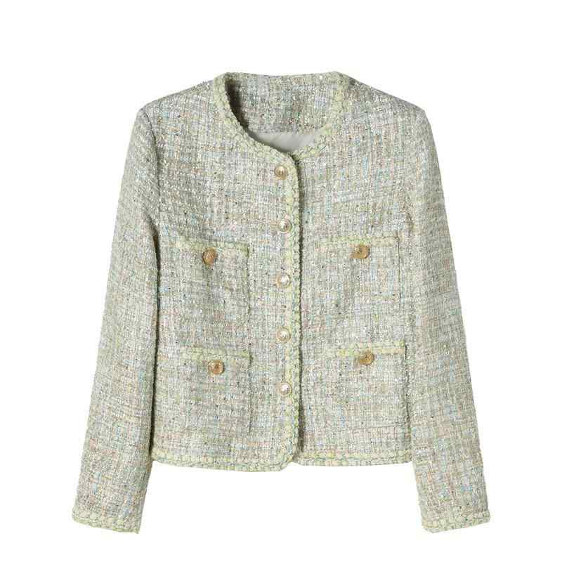 ジャケット レディース 秋物 韓国風 かわいい 粗 tweed ツイード 長袖 ショート丈 トップス アウター 緑 グリーン エレガント｜Tanzan