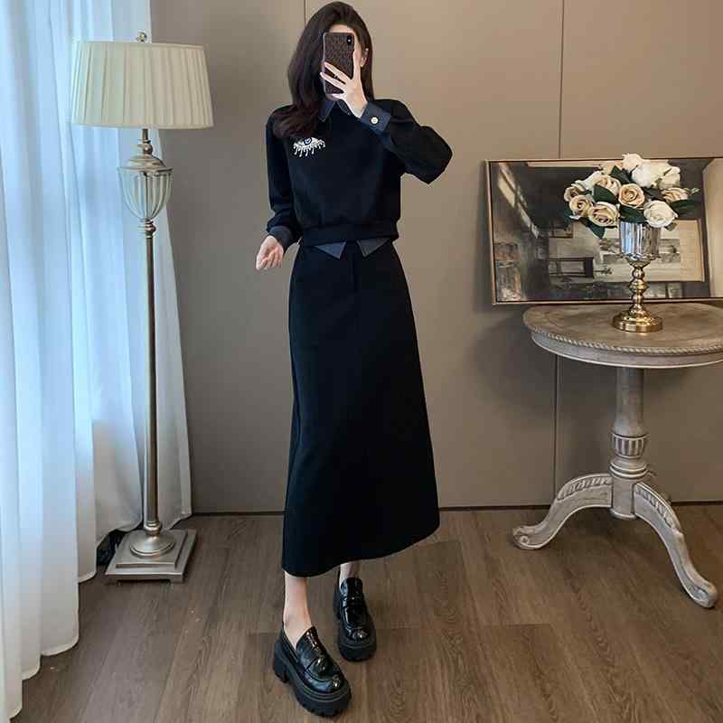 セットアップ レディース 高級感 ブラック ファッション スウェット トレーナー スカート 膝丈 ミモレ丈 切り替え 2点セット 春秋 長袖 普段使い