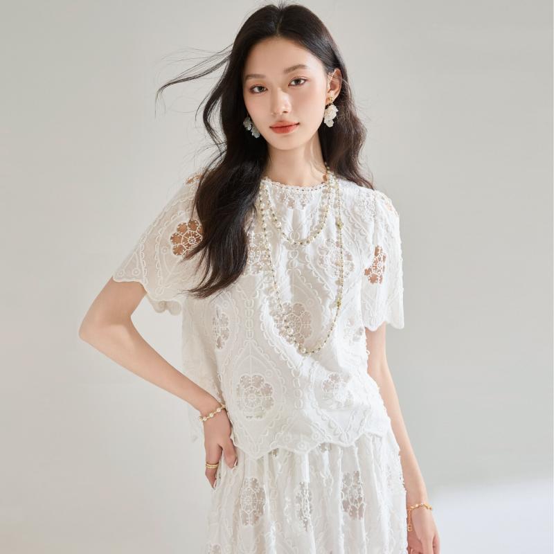 セットアップ レディース 半袖 レース トップス 膝丈スカート 綿 刺・墸 幾何学模様 泡袖 S M L XL 春夏