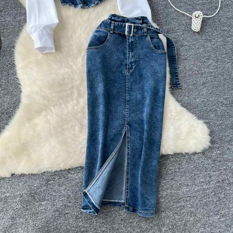 シャツ レディース 韓国風 切り替え 長袖 トップス デニム スカート セットアップ S M L XL ギャザー チュニック Aライン 春夏