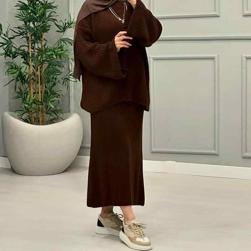 セットアップ レディース 春秋 ニット ワイドスリーブ トップス ロングスカート ポリエステル 婦人服 ブラウン ブラック ゆったり リラックス ウェア
