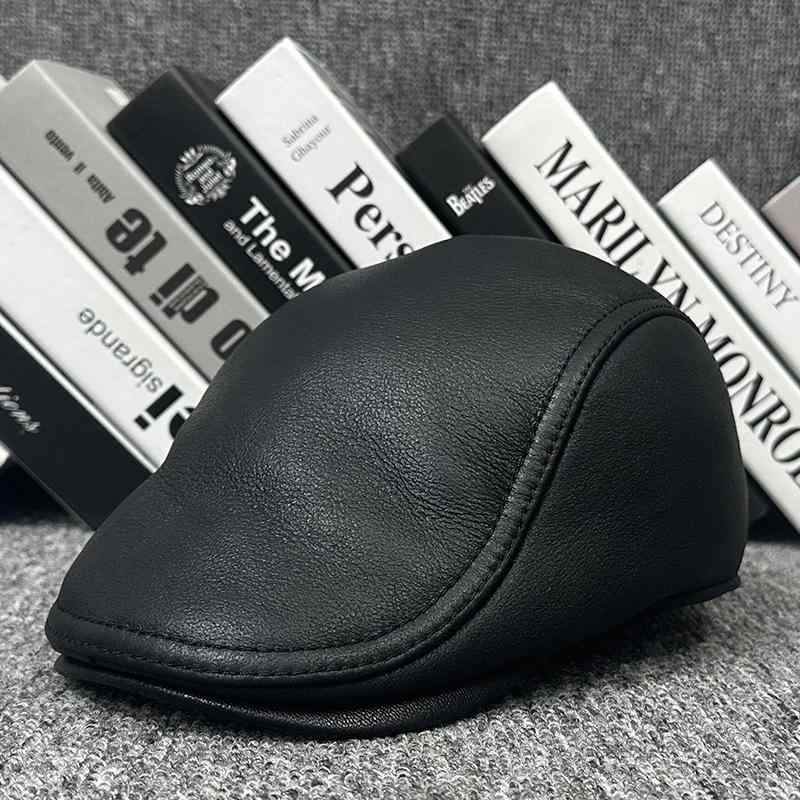 ベレー帽 男性用 羊革 ウール ハンチング帽 秋冬 防寒 防風 暖かい レザーキャップ イヤーマフ付き 55-58cm ブラック｜Tanzan