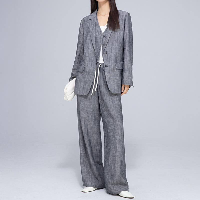 セットアップ レディース 天?麻 ファッション スーツ ベスト ワイドレッグパンツ 麻グレー 無地 ポケット付き 切り替え 2025春夏 通勤 S M L XL XXL
