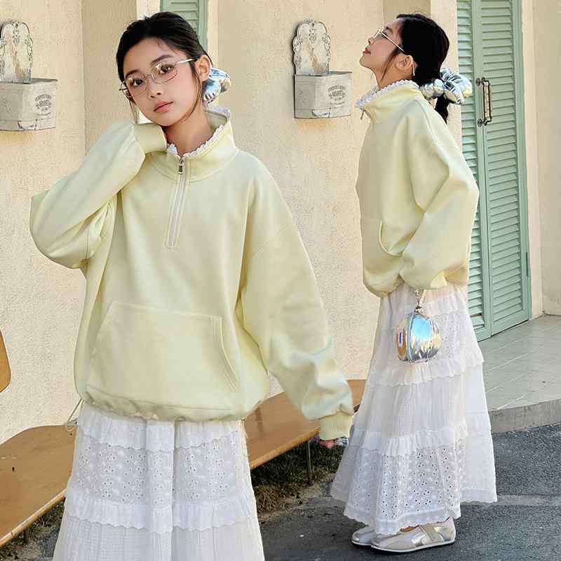 キッズ トレーナー ガールズ 春秋 長袖 レース フリル ハーフネック プルオーバー トップス ゆったり かわいい 女の子 子供服 ジュニア 140 150 160 170 180 黄色