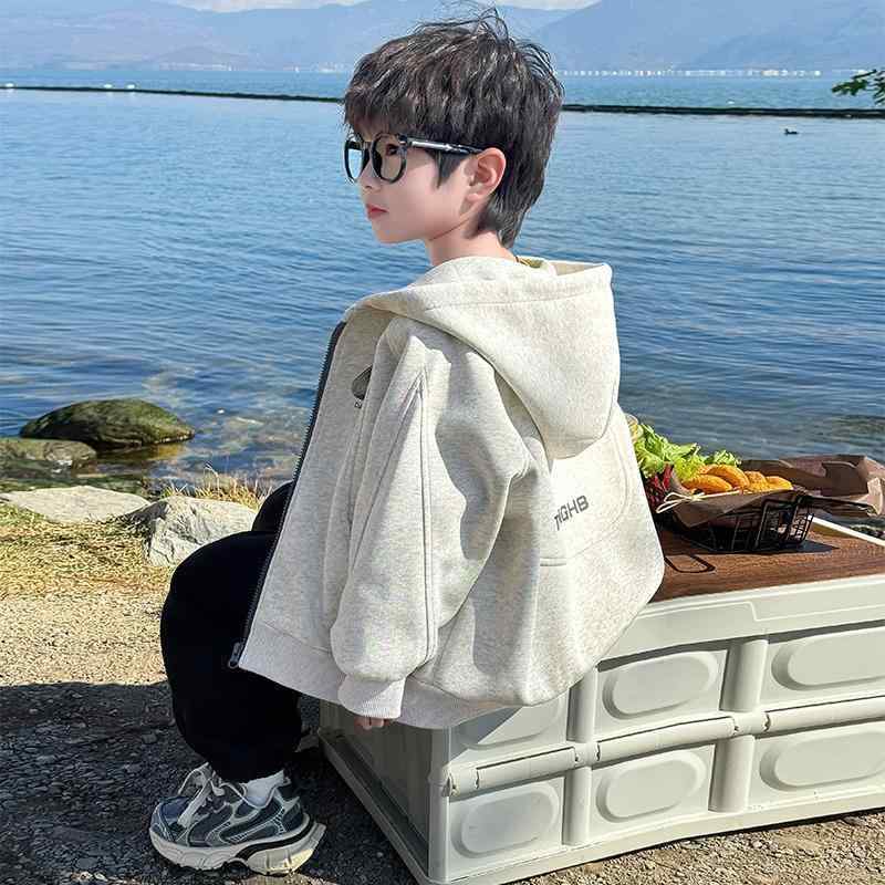 子供服 アウター キッズ 男の子 春秋 フード付き スウェット カーディガン カジュアル トップス 花灰色 90cm 100cm 110cm 120cm 130cm 140cm
