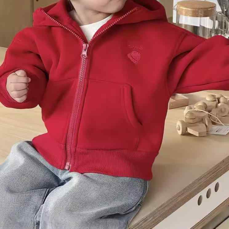 子供服 アウター キッズ 男の子 裏起毛 パーカー 赤色 スウェット フード付き ジャンパー コート ブルゾン トップス 春秋