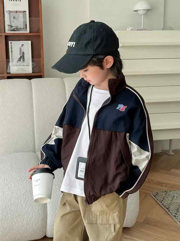 子供用ジャケット 男の子 アウター 韓国風 子供服 トップス カジュアル ブルゾン 配色 秋物 普段着 カーキグリーン ネイビー