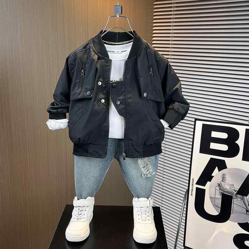 子供用ジャケット 子供服 男の子 春秋用 野球スタイル ジャンパー トップス カーキ色 黒色 綿混紡 100 110 120 130 140 150cm
