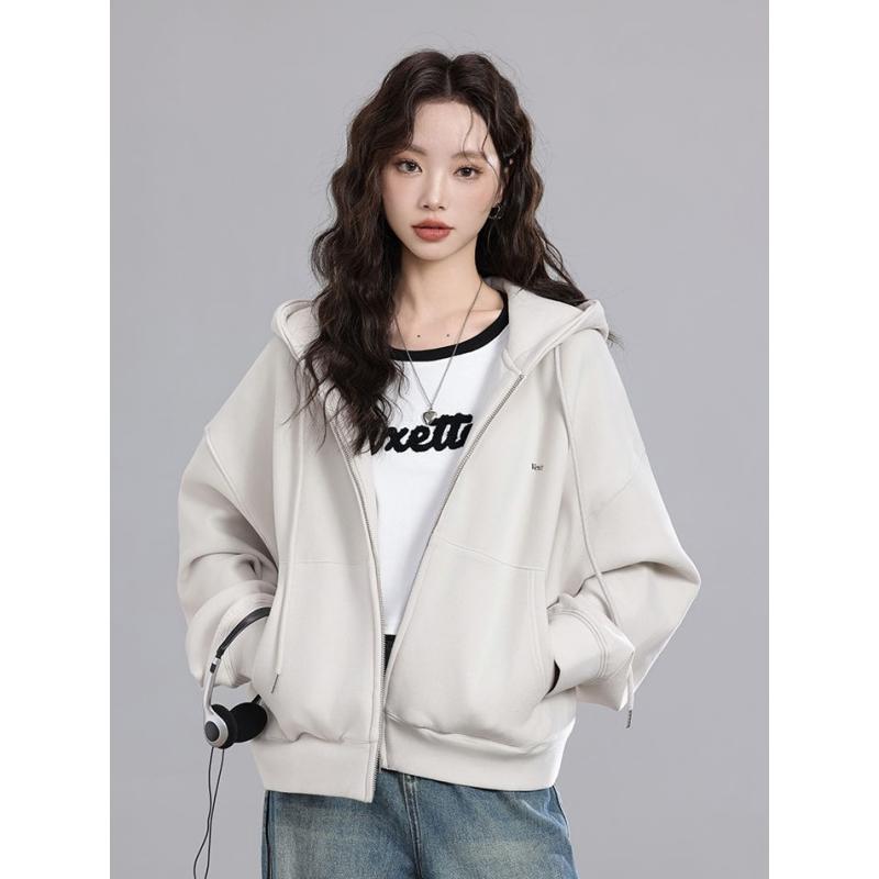 パーカー レディース 春秋 薄手 ジップアップ ジャケット ショート丈 トップス 韓国風 ゆったり 長袖 フード付き スウェット 綿 杏色