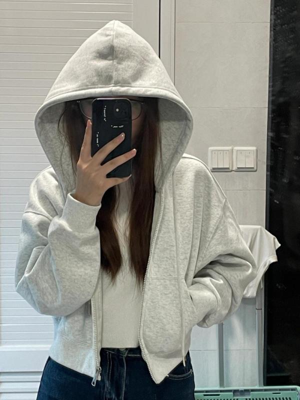 パーカー レディース 春秋 薄手 韓国風 グレー 長袖 ジップアップ フード付き トップス アウター カジュアル かわいい 白 黒 灰色 花灰色 ピンク 紺色 カーキ色 杏色 ワインレッド 水色 深灰色