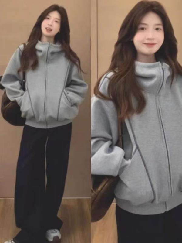 パーカー レディース 韓国風 春秋 トップス 長袖 フード付き グレー ゆったり カジュアル かわいい おしゃれ スウェット アウター 綿