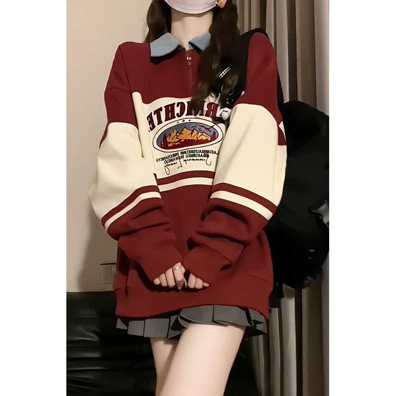 パーカー レディース 春秋 配色 POLOネック ハーフジップ スウェット プルオーバー トップス 長袖 韓国風 カジュアル 綿混紡 ゆったり かわいい ブラック ワインレッド